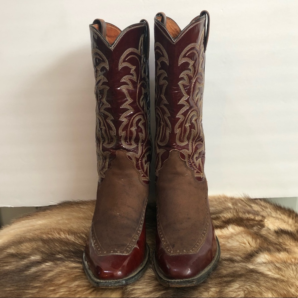 Justin Boots Suede Pat Leather Square Toe Cowboy Western Boots Brown Sz 8 Flaw